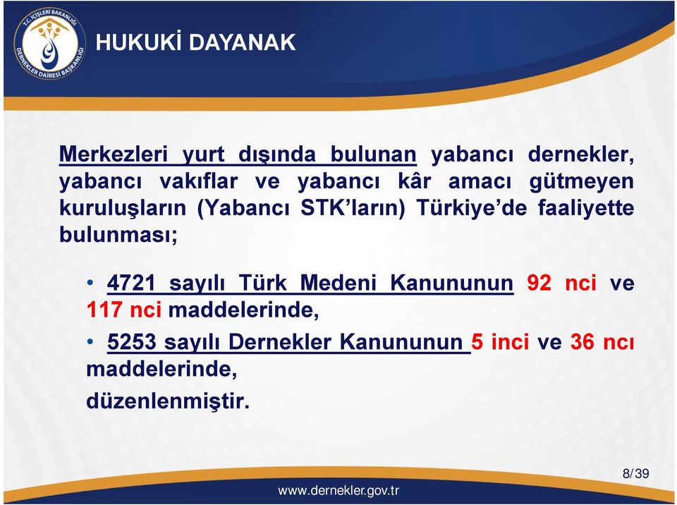 de faaliyette bulunması; 4721 sayılı Türk Medeni Kanununun 92 nci ve 117 nci