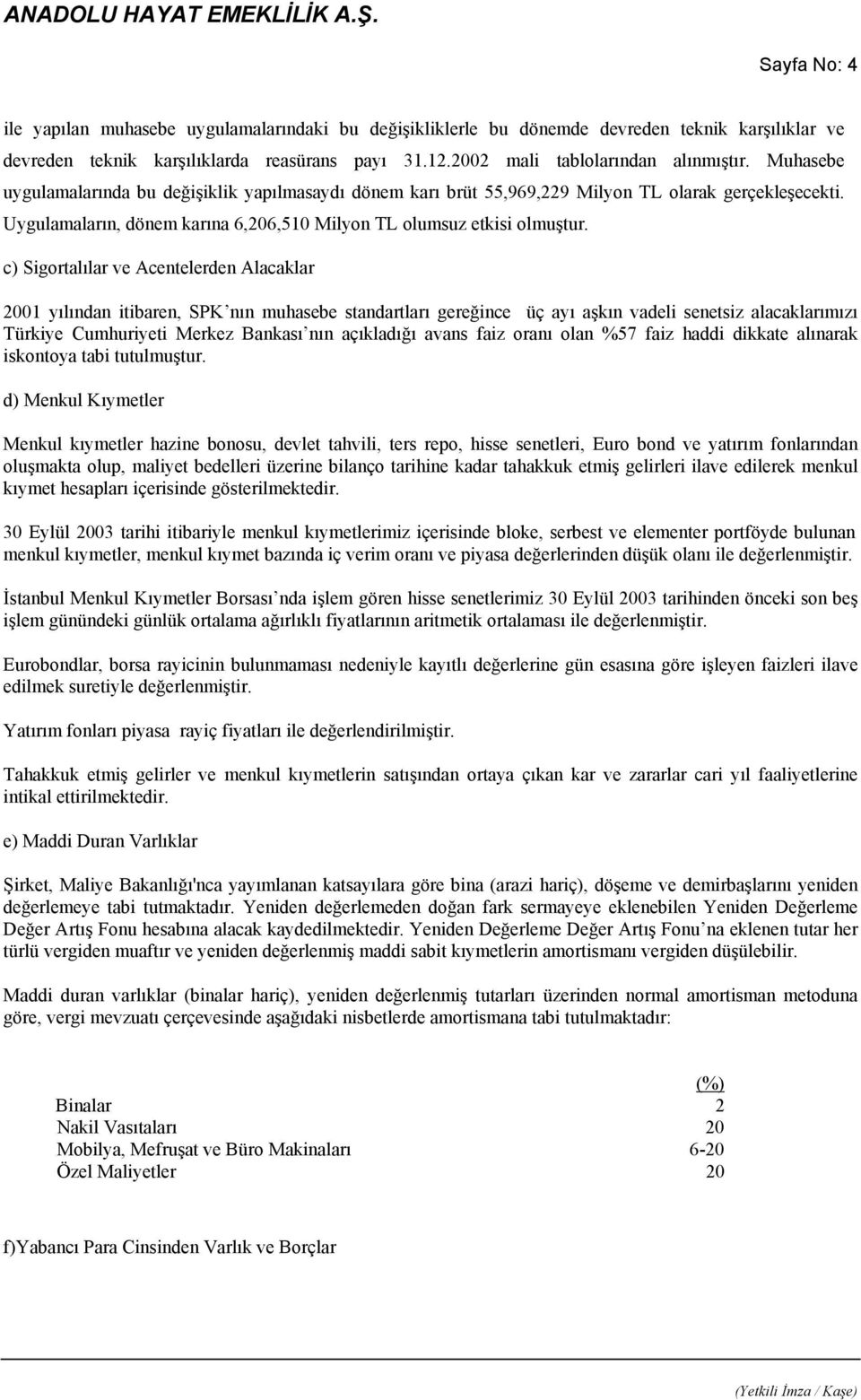 c) Sigortalılar ve Acentelerden Alacaklar 2001 yılından itibaren, SPK nın muhasebe standartları gereğince üç ayı aşkın vadeli senetsiz alacaklarımızı Türkiye Cumhuriyeti Merkez Bankası nın açıkladığı