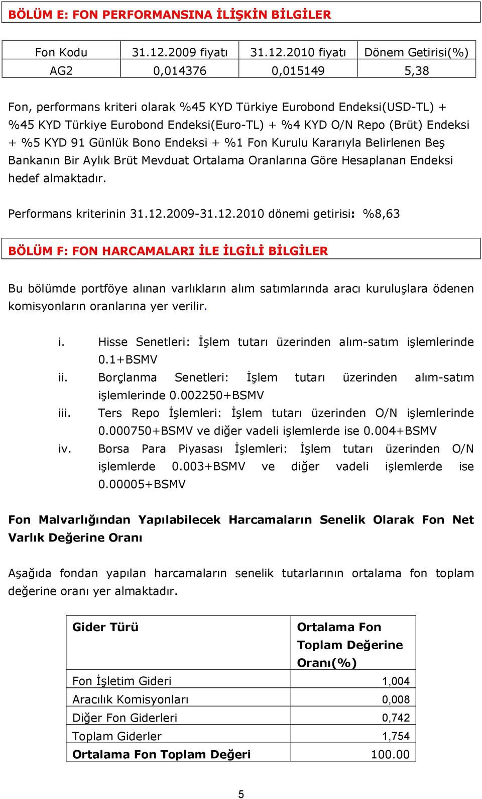 2010 fiyatı Dönem Getirisi(%) AG2 0,014376 0,015149 5,38 Fon, performans kriteri olarak %45 KYD Türkiye Eurobond Endeksi(USD-TL) + %45 KYD Türkiye Eurobond Endeksi(Euro-TL) + %4 KYD O/N Repo (Brüt)