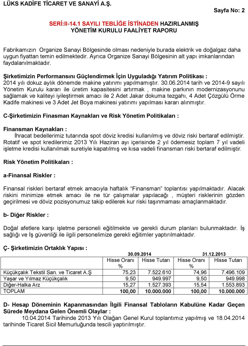 Şirketimizin Performansını Güçlendirmek İçin Uyguladığı Yatırım Politikası : 2014 yılı dokuz aylık dönemde makine yatırımı yapılmamıştır. 30.06.