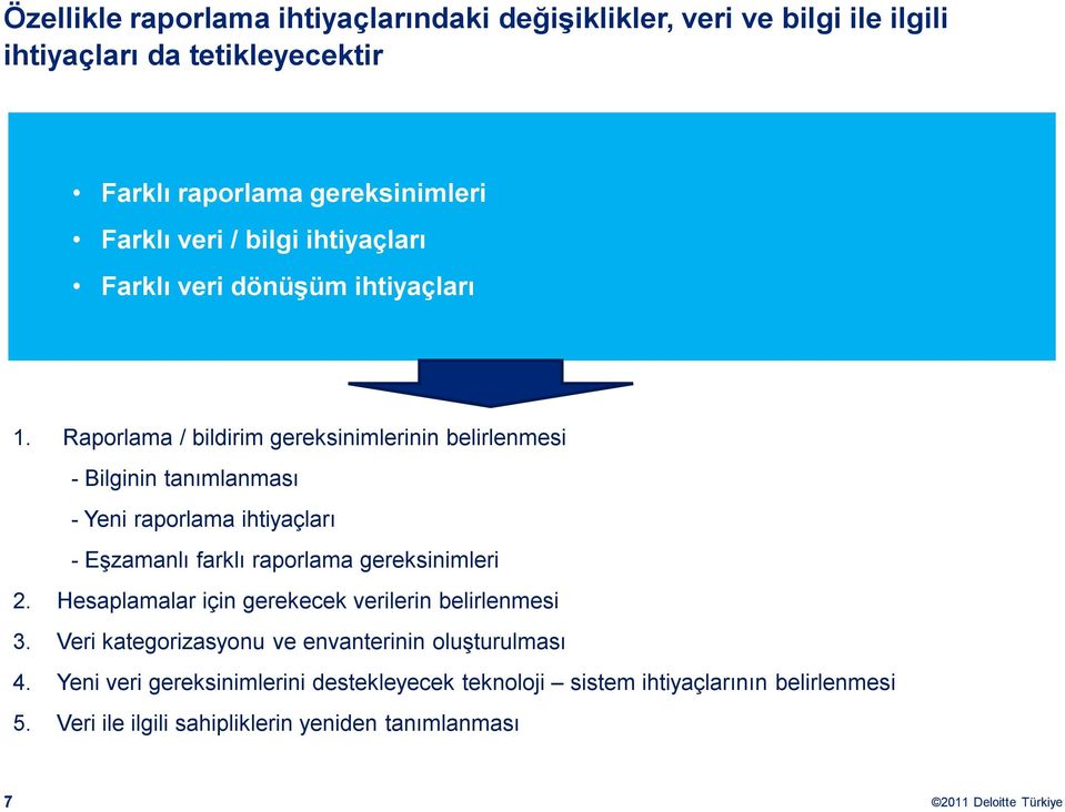 Raporlama / bildirim gereksinimlerinin belirlenmesi - Bilginin tanımlanması - Yeni raporlama ihtiyaçları - Eşzamanlı farklı raporlama gereksinimleri 2.