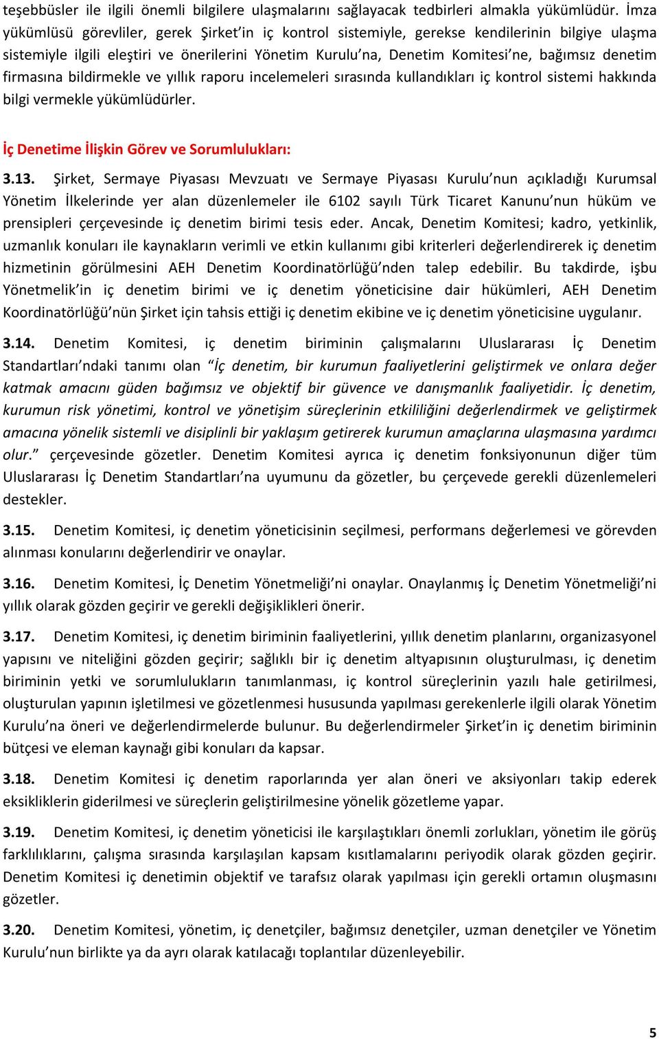 denetim firmasına bildirmekle ve yıllık raporu incelemeleri sırasında kullandıkları iç kontrol sistemi hakkında bilgi vermekle yükümlüdürler. İç Denetime İlişkin Görev ve Sorumlulukları: 3.13.