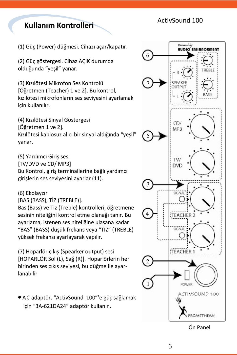 (5) Yardımcı Giriş sesi [TV/DVD ve CD/ MP] Bu Kontrol, giriş terminallerine bağlı yardımcı girişlerin ses seviyesini ayarlar (11). (6) Ekolayzır [BAS (BASS), TİZ (TREBLE)].