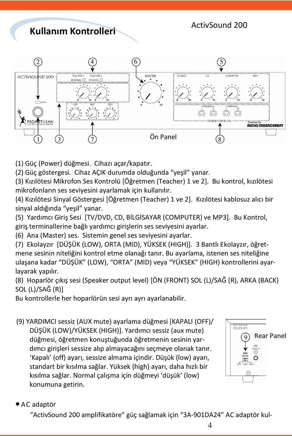 () Kızılötesi Sinyal Göstergesi [Öğretmen (Teacher) 1 ve ]. Kızılötesi kablosuz alıcı bir sinyal aldığında yeşil yanar. (5) Yardımcı Giriş Sesi [TV/DVD, CD, BİLGİSAYAR (COMPUTER) ve MP].