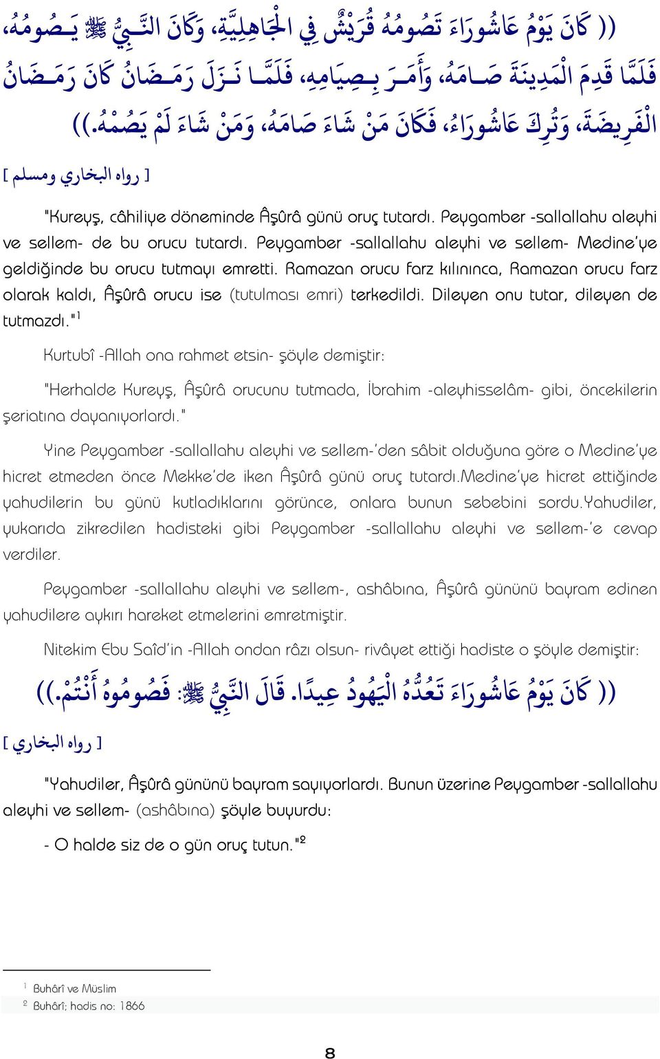 Peygamber -sallallahu aleyhi ve sellem- Medine'ye geldiğinde bu orucu tutmayı emretti. Ramazan orucu farz kılınınca, Ramazan orucu farz olarak kaldı, Âşûrâ orucu ise (tutulması emri) terkedildi.