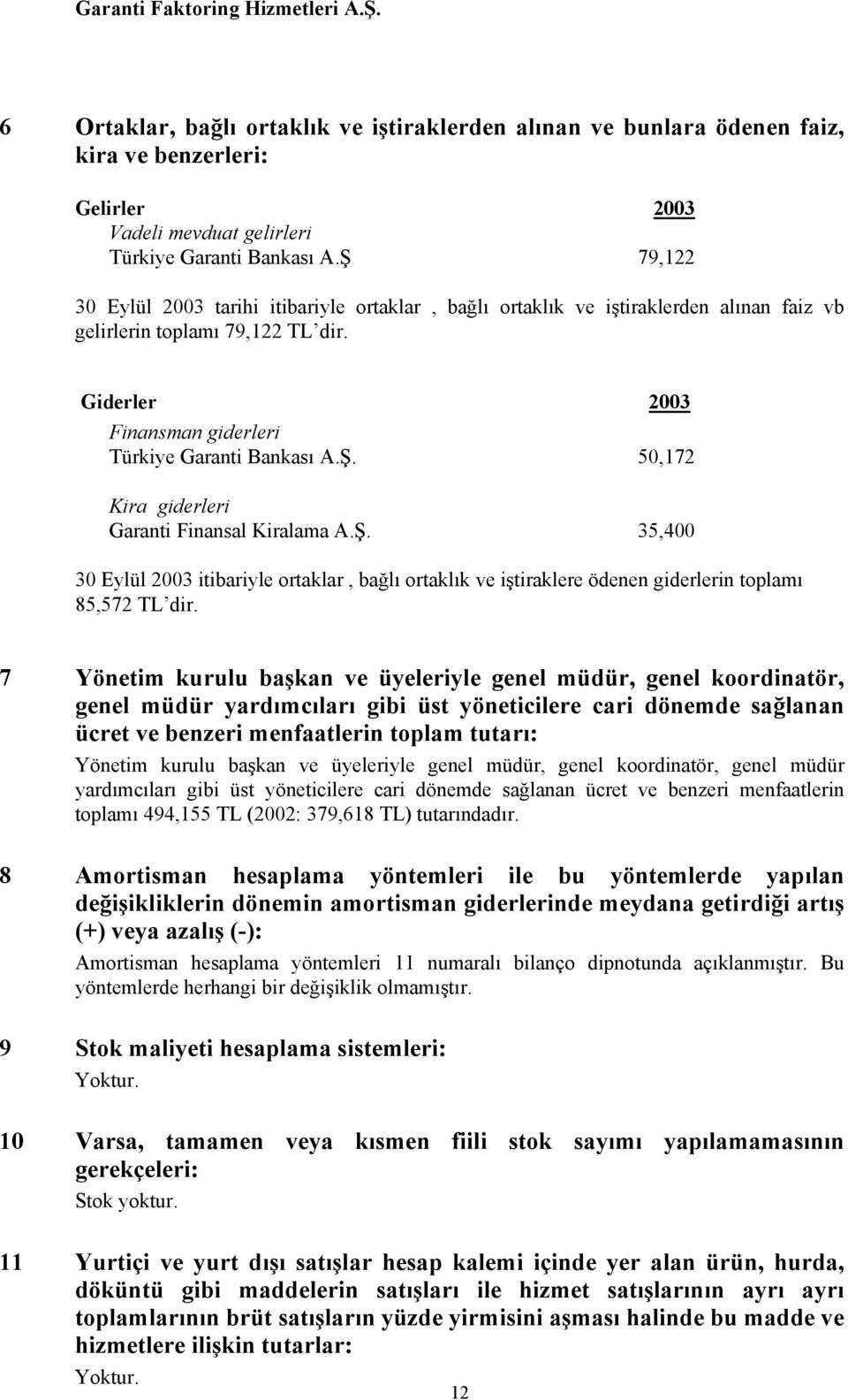 Ş. 35,400 30 Eylül 2003 itibariyle ortaklar, bağlı ortaklık ve iştiraklere ödenen giderlerin toplamı 85,572 TL dir.