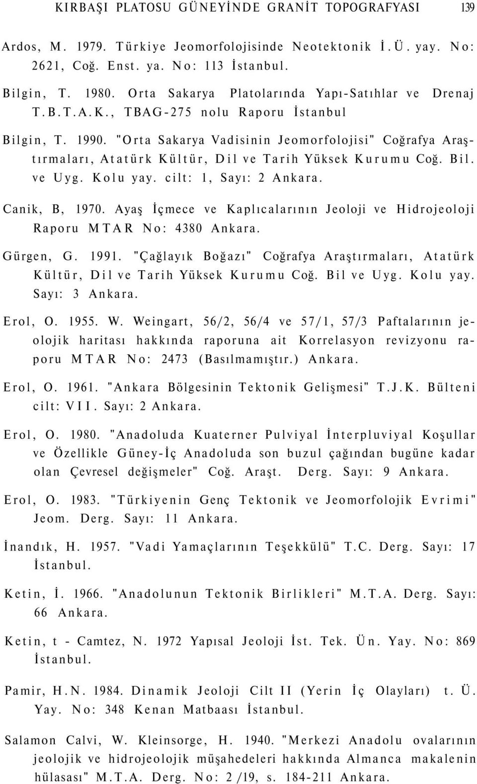 "Orta Sakarya Vadisinin Jeomorfolojisi" Coğrafya Araştırmaları, Atatürk Kültür, Dil ve Tarih Yüksek Kurumu Coğ. Bil. ve Uyg. Kolu yay. cilt: 1, Sayı: 2 Ankara. Canik, B, 1970.