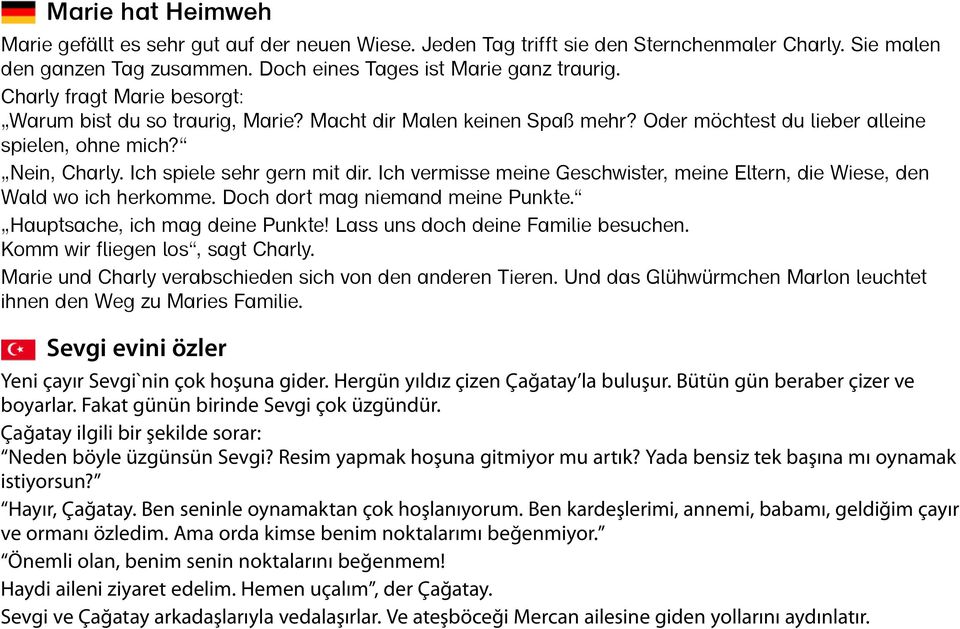 Ich vermisse meine Geschwister, meine Eltern, die Wiese, den Wald wo ich herkomme. Doch dort mag niemand meine Punkte. Hauptsache, ich mag deine Punkte! Lass uns doch deine Familie besuchen.