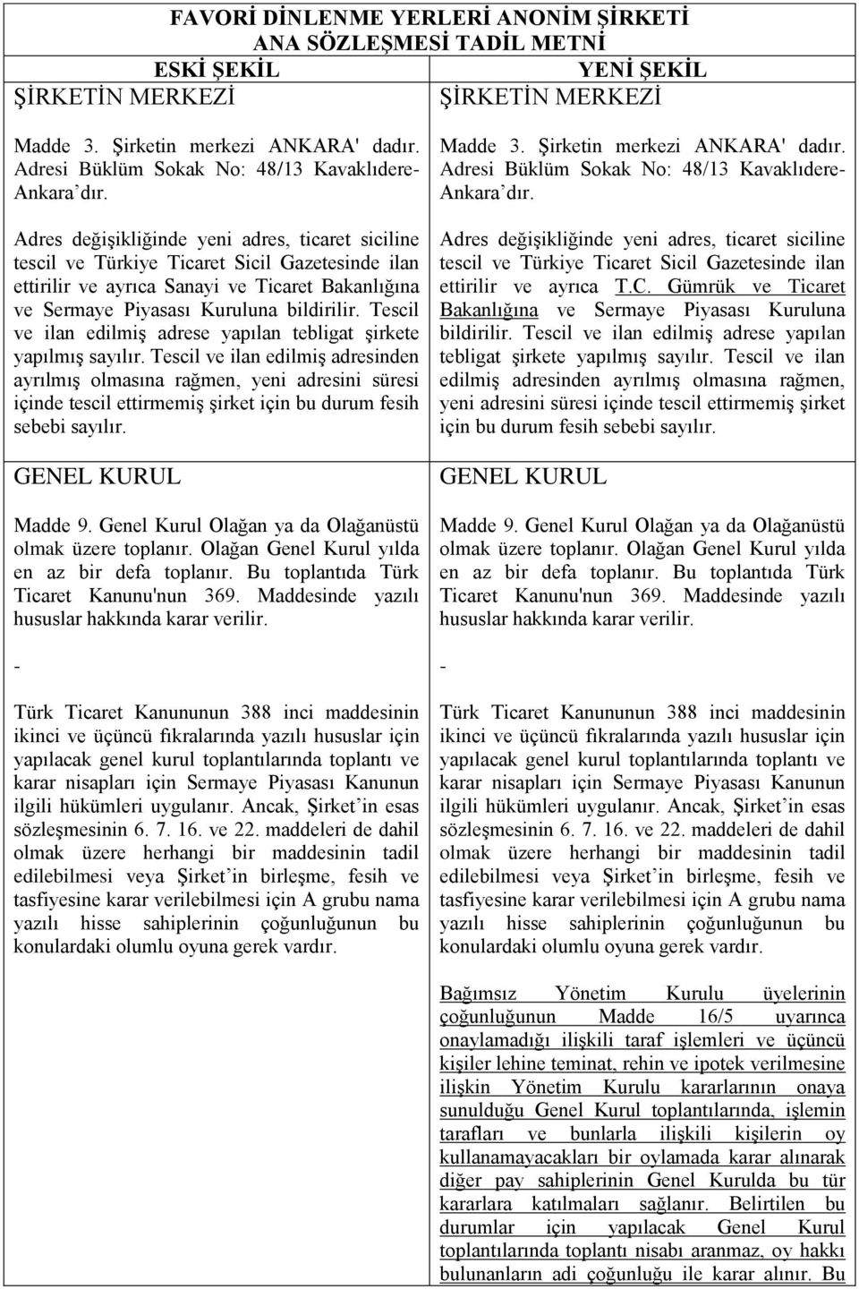 Adres değişikliğinde yeni adres, ticaret siciline tescil ve Türkiye Ticaret Sicil Gazetesinde ilan ettirilir ve ayrıca Sanayi ve Ticaret Bakanlığına ve Sermaye Piyasası Kuruluna bildirilir.