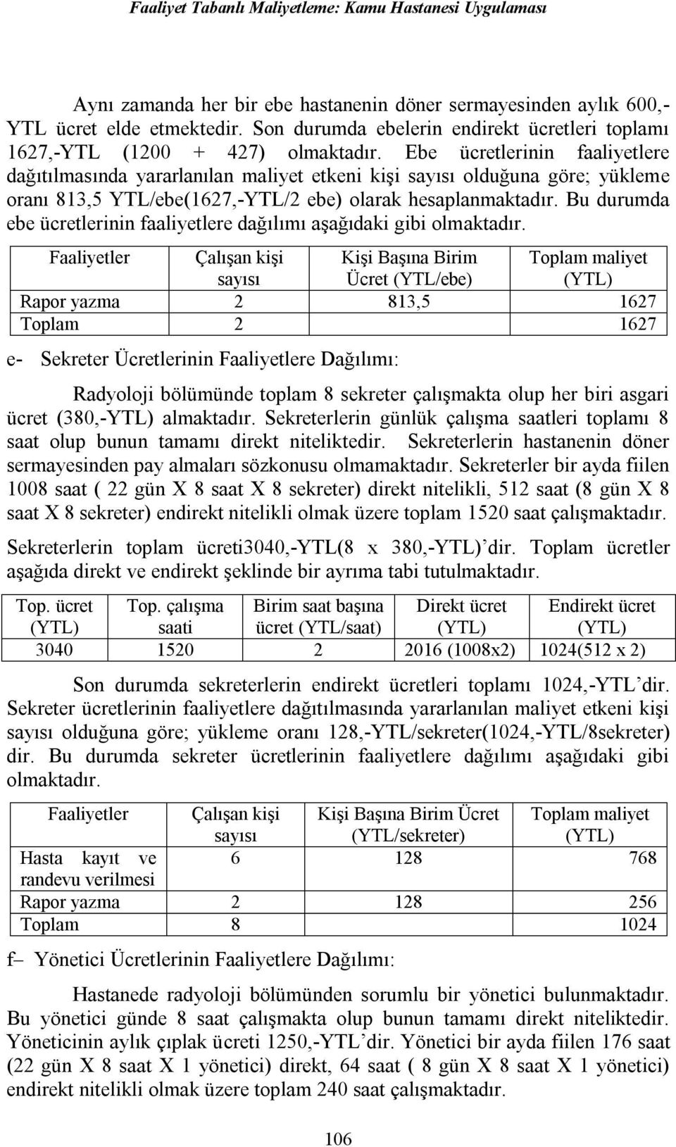 Ebe ücretlerinin faaliyetlere dağıtılmasında yararlanılan maliyet etkeni kişi sayısı olduğuna göre; yükleme oranı 813,5 YTL/ebe(1627,-YTL/2 ebe) olarak hesaplanmaktadır.