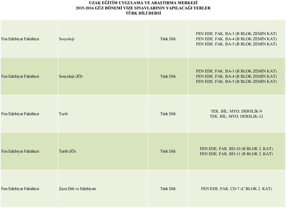 MYO. DERSLİK-9 TEK. BİL. MYO. DERSLİK-12 Fen Edebiyat Fakültesi Tarih (İÖ) Türk Dili FEN EDE. FAK. BD-10 (B BLOK 2. KAT) FEN EDE. FAK. BD-11 (B BLOK 2.