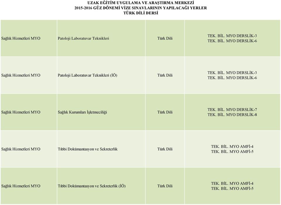 BİL. MYO DERSLİK-7 TEK. BİL. MYO DERSLİK-8 Sağlık Hizmetleri MYO Tıbbi Dokümantasyon ve Sekreterlik Türk Dili TEK. BİL. MYO AMFİ-4 TEK. BİL. MYO AMFİ-5 Sağlık Hizmetleri MYO Tıbbi Dokümantasyon ve Sekreterlik (İÖ) Türk Dili TEK.