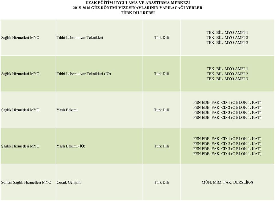 KAT) FEN EDE. FAK. CD-3 (C BLOK 1. KAT) FEN EDE. FAK. CD-4 (C BLOK 1. KAT) Sağlık Hizmetleri MYO Yaşlı Bakımı (İÖ) Türk Dili FEN EDE. FAK. CD-1 (C BLOK 1. KAT) FEN EDE. FAK. CD-2 (C BLOK 1.