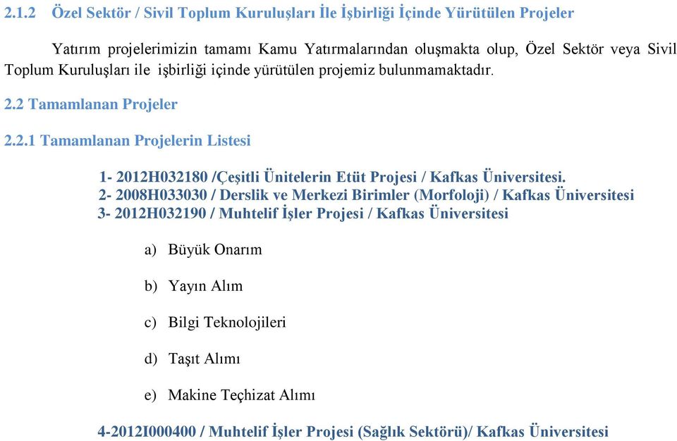 2 Tamamlanan Projeler 2.2.1 Tamamlanan Projelerin Listesi 1-2012H032180 /Çeşitli Ünitelerin Etüt Projesi / Kafkas Üniversitesi.