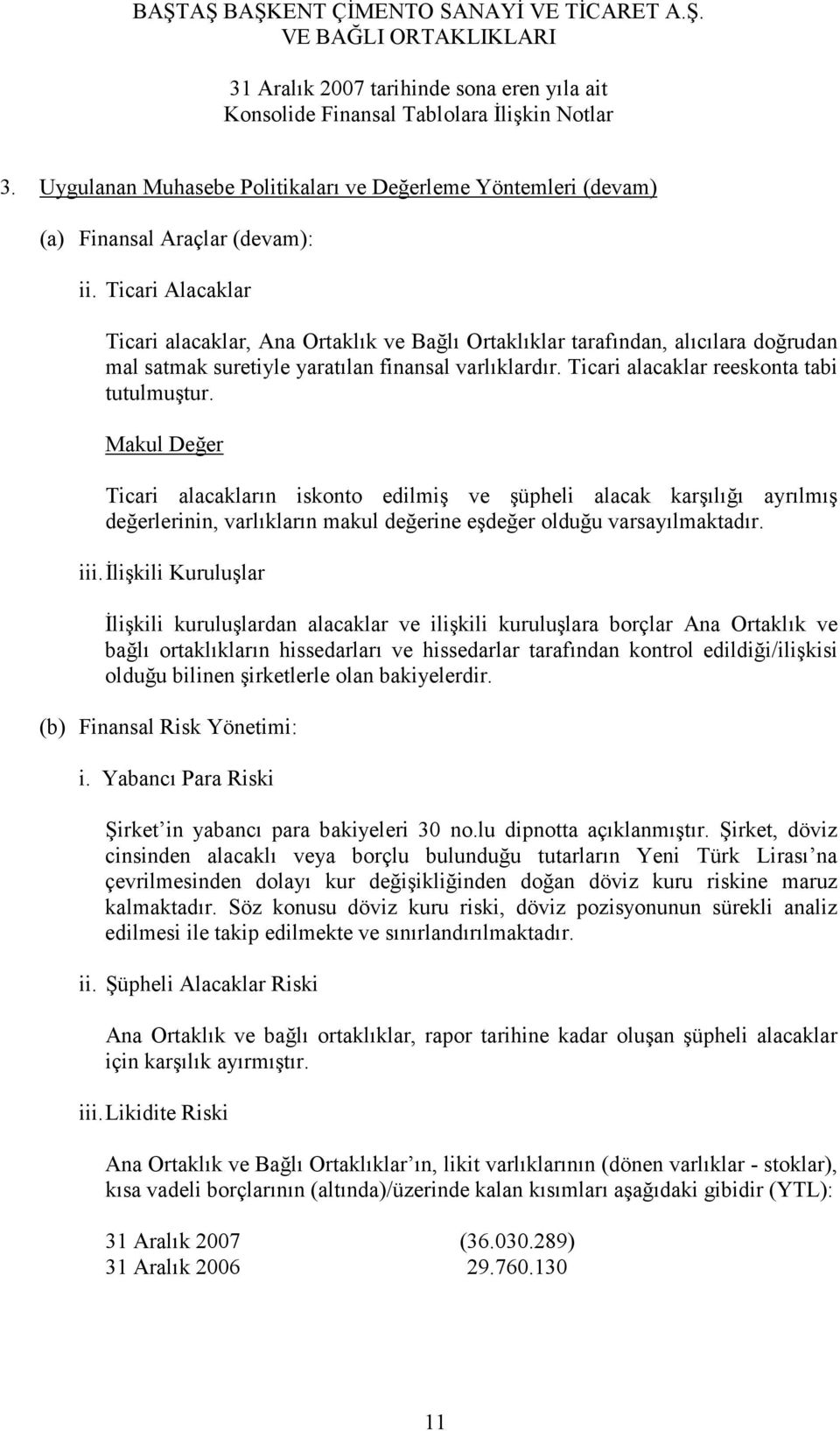 Makul Değer Ticari alacakların iskonto edilmiş ve şüpheli alacak karşılığı ayrılmış değerlerinin, varlıkların makul değerine eşdeğer olduğu varsayılmaktadır. iii.