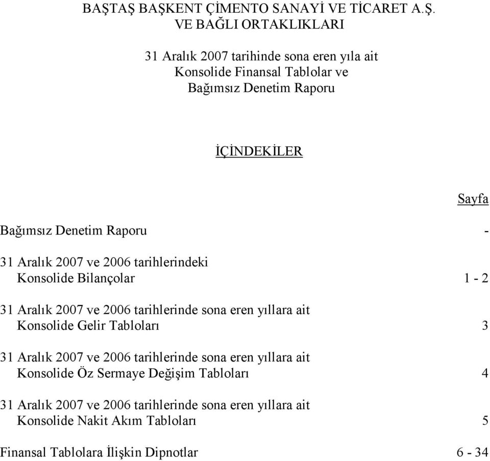 Tabloları 3 31 Aralık 2007 ve 2006 tarihlerinde sona eren yıllara ait Konsolide Öz Sermaye Değişim Tabloları 4 31