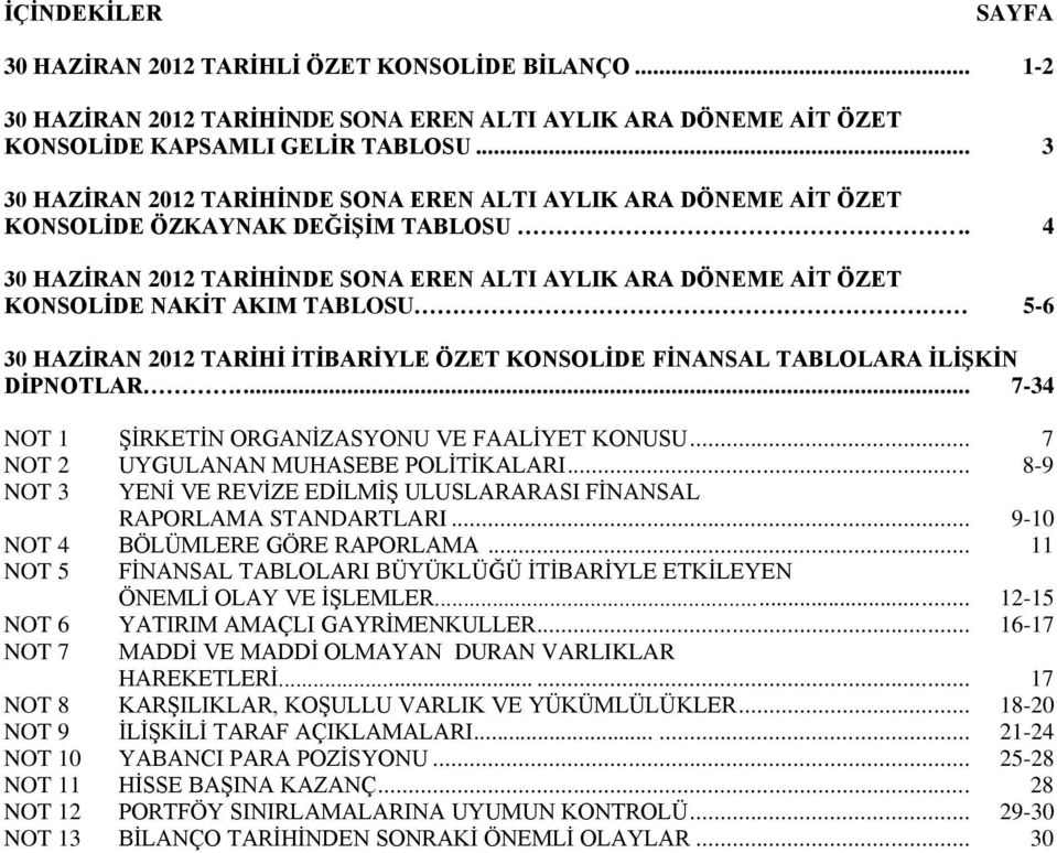 .. 7 NOT 2 UYGULANAN MUHASEBE POLİTİKALARI... 8-9 NOT 3 YENİ VE REVİZE EDİLMİŞ ULUSLARARASI FİNANSAL RAPORLAMA STANDARTLARI... 9-10 NOT 4 BÖLÜMLERE GÖRE RAPORLAMA.