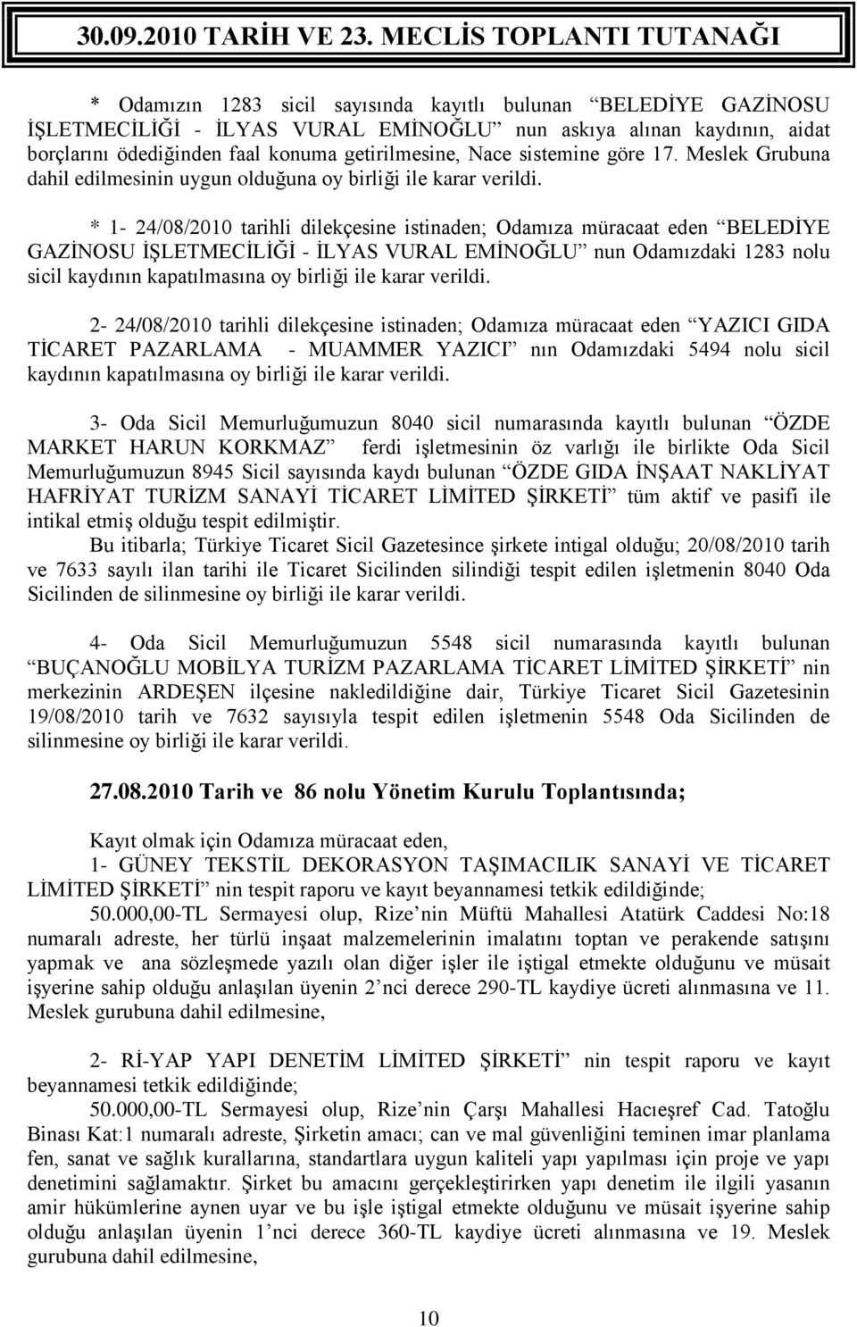 * 1-24/08/2010 tarihli dilekçesine istinaden; Odamıza müracaat eden BELEDİYE GAZİNOSU İŞLETMECİLİĞİ - İLYAS VURAL EMİNOĞLU nun Odamızdaki 1283 nolu sicil kaydının kapatılmasına oy birliği ile karar