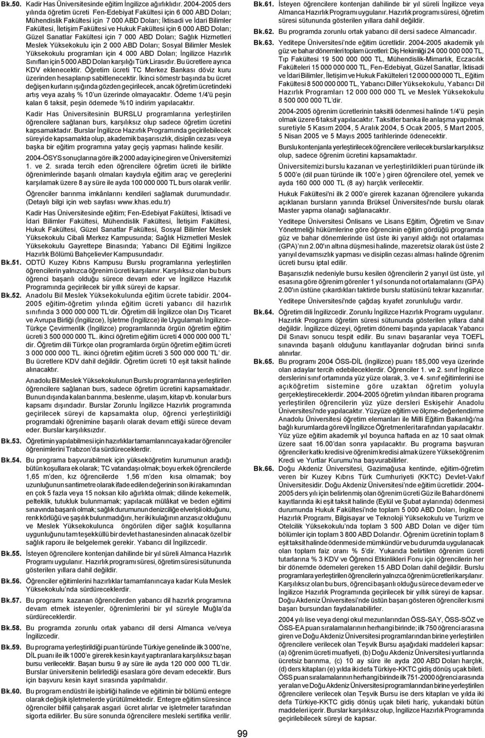 Fakültesi için 6 000 ABD Dolarý; Güzel Sanatlar Fakültesi için 7 000 ABD Dolarý; Saðlýk Hizmetleri Meslek Yüksekokulu için 2 000 ABD Dolarý; Sosyal Bilimler Meslek Yüksekokulu programlarý için 4 000