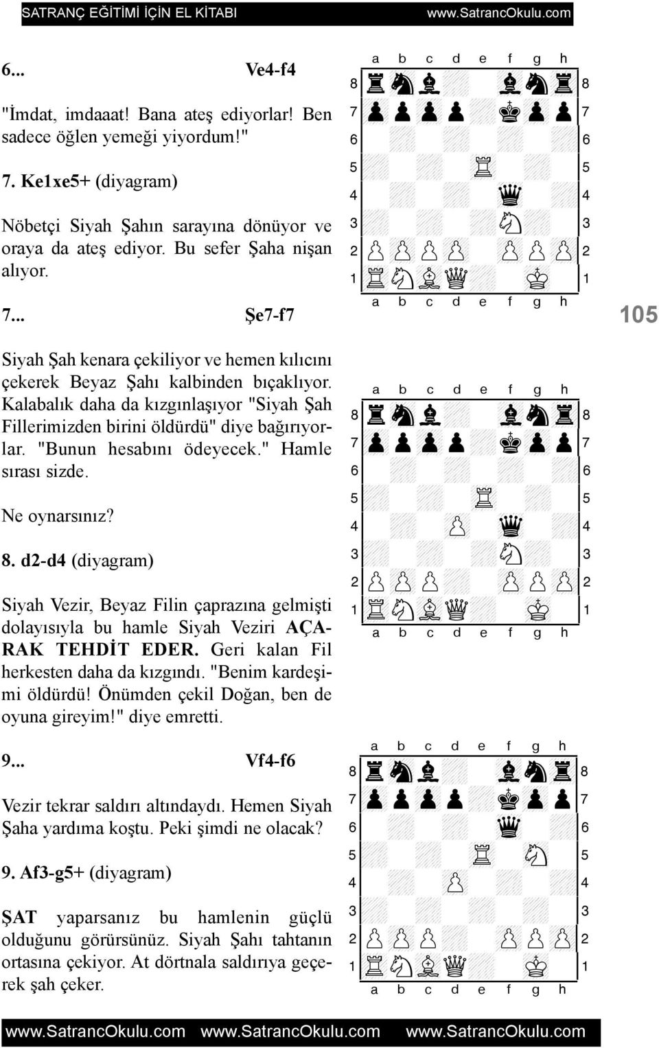 "Bunun hesabýný ödeyecek." Hamle sýrasý sizde. Ne oynarsýnýz? 8. d2-d4 Siyah Vezir, Beyaz Filin çaprazýna gelmiþti dolayýsýyla bu hamle Siyah Veziri AÇA- RAK TEHDÝT EDER.