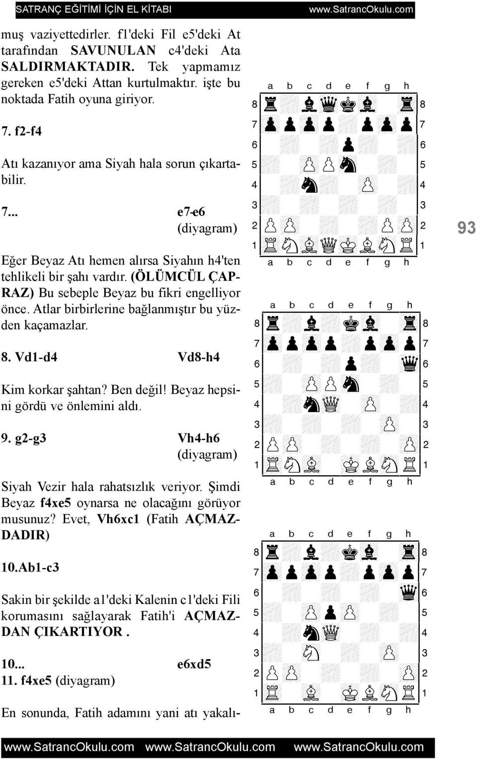 Atlar birbirlerine baðlanmýþtýr bu yüzden kaçamazlar. 8. Vd1-d4 Vd8-h4 Kim korkar þahtan? Ben deðil! Beyaz hepsini gördü ve önlemini aldý. 9. g2-g3 Vh4-h6 Siyah Vezir hala rahatsýzlýk veriyor.
