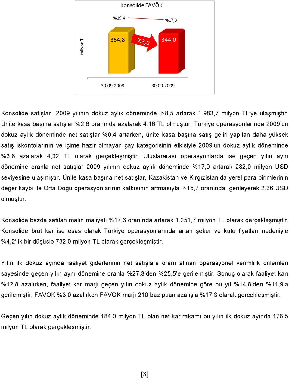 Türkiye operasyonlarında 2009 un dokuz aylık döneminde net satışlar %0,4 artarken, ünite kasa başına satış geliri yapılan daha yüksek satış iskontolarının ve içime hazır olmayan çay kategorisinin