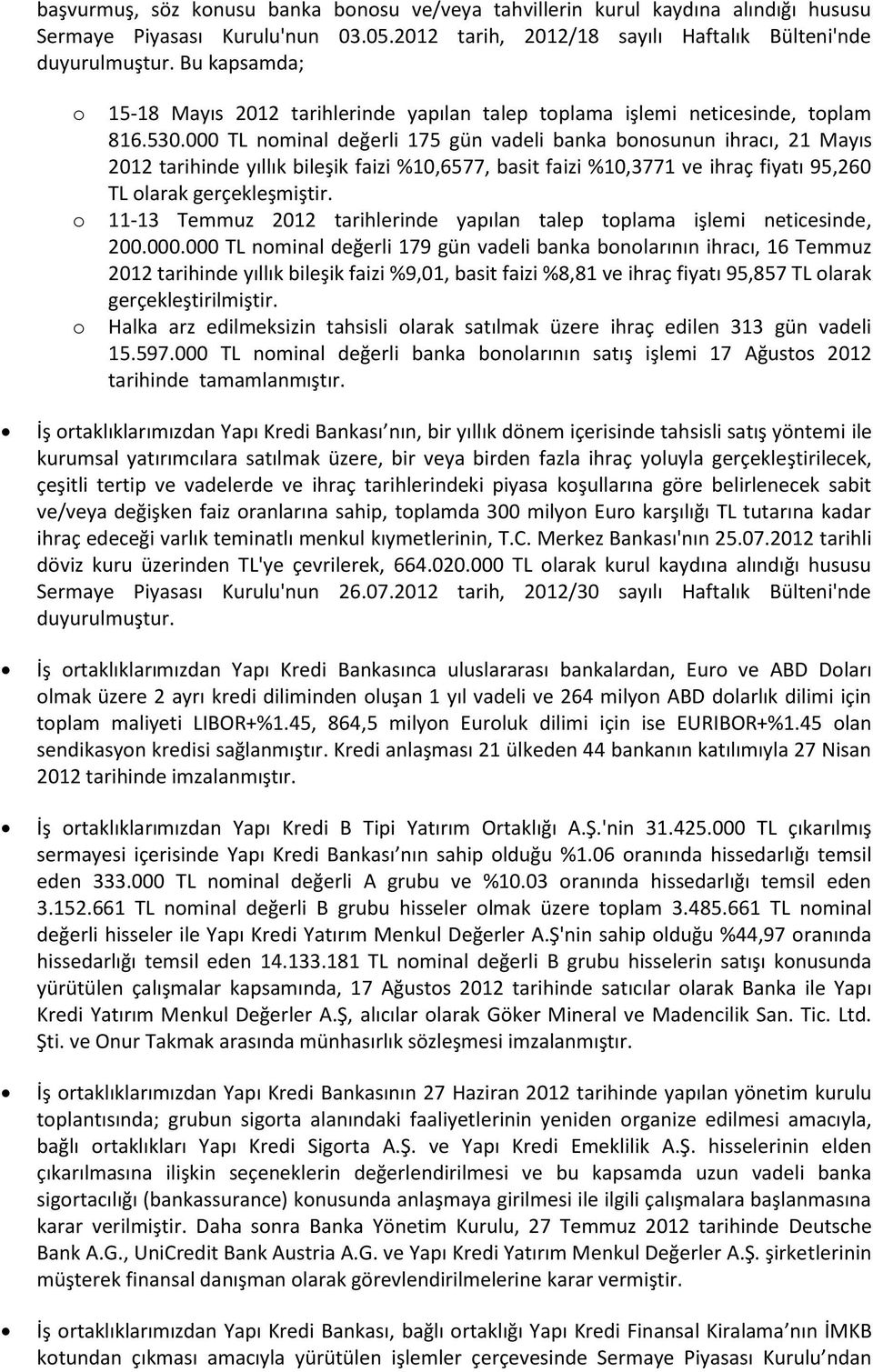 000 TL nminal değerli 175 gün vadeli banka bnsunun ihracı, 21 Mayıs 2012 tarihinde yıllık bileşik faizi %10,6577, basit faizi %10,3771 ve ihraç fiyatı 95,260 TL larak gerçekleşmiştir.