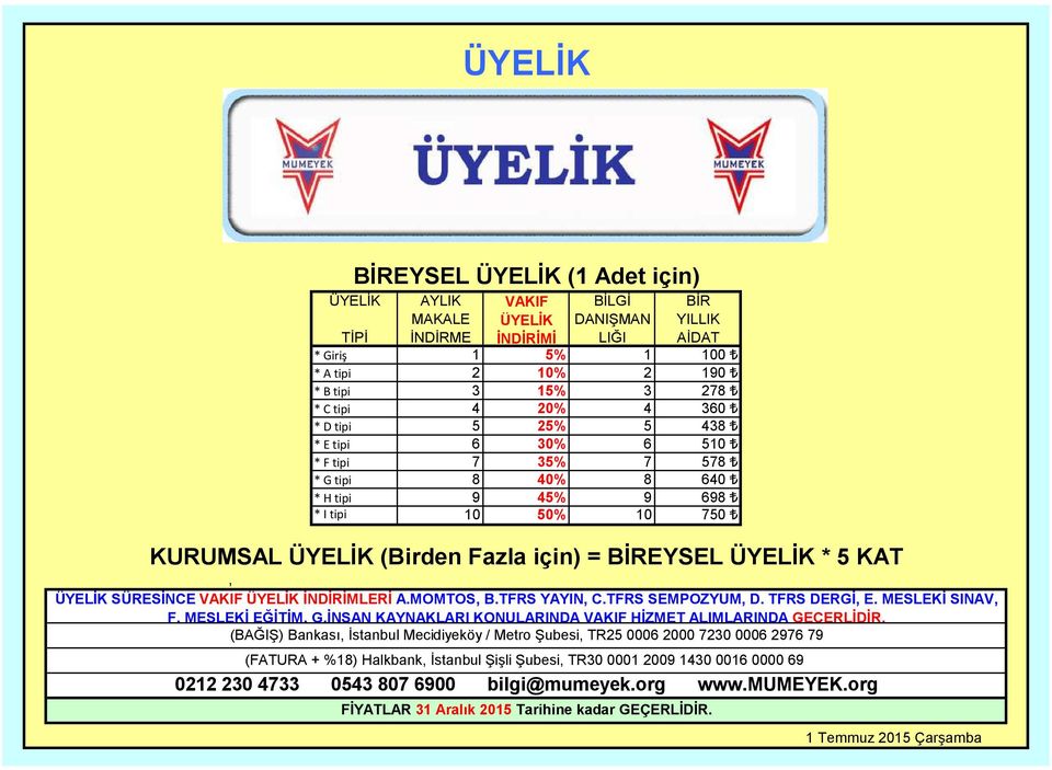 KURUMSAL ÜYELİK (Birden Fazla için) = BİREYSEL ÜYELİK * 5 KAT, ÜYELİK SÜRESİNCE VAKIF ÜYELİK İNDİRİMLERİ A.MOMTOS, B.TFRS YAYIN, C.TFRS SEMPOZYUM, D. TFRS DERGİ, E.