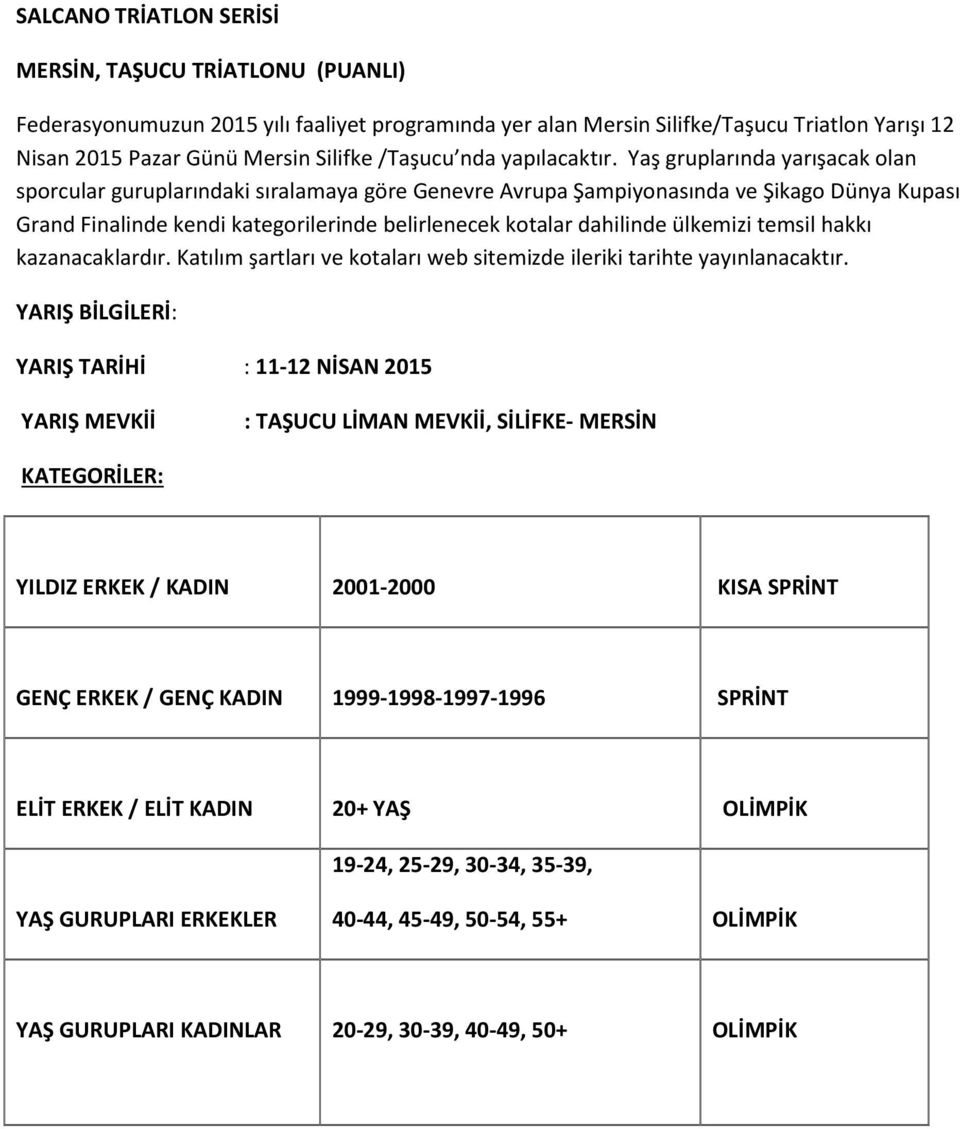 Yaş gruplarında yarışacak olan sporcular guruplarındaki sıralamaya göre Genevre Avrupa Şampiyonasında ve Şikago Dünya Kupası Grand Finalinde kendi kategorilerinde belirlenecek kotalar dahilinde