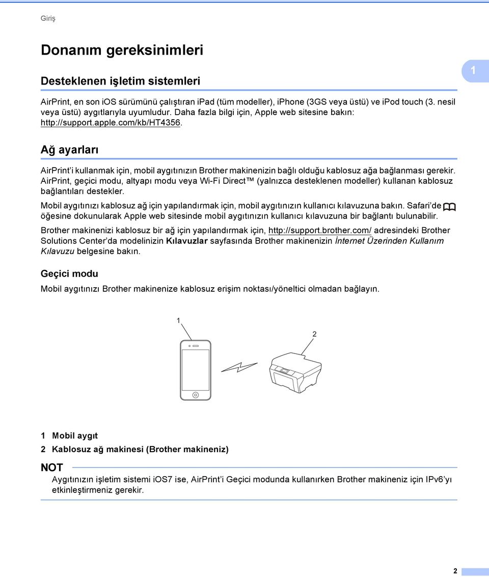 Ağ ayarları AirPrint i kullanmak için, mobil aygıtınızın Brother makinenizin bağlı olduğu kablosuz ağa bağlanması gerekir.