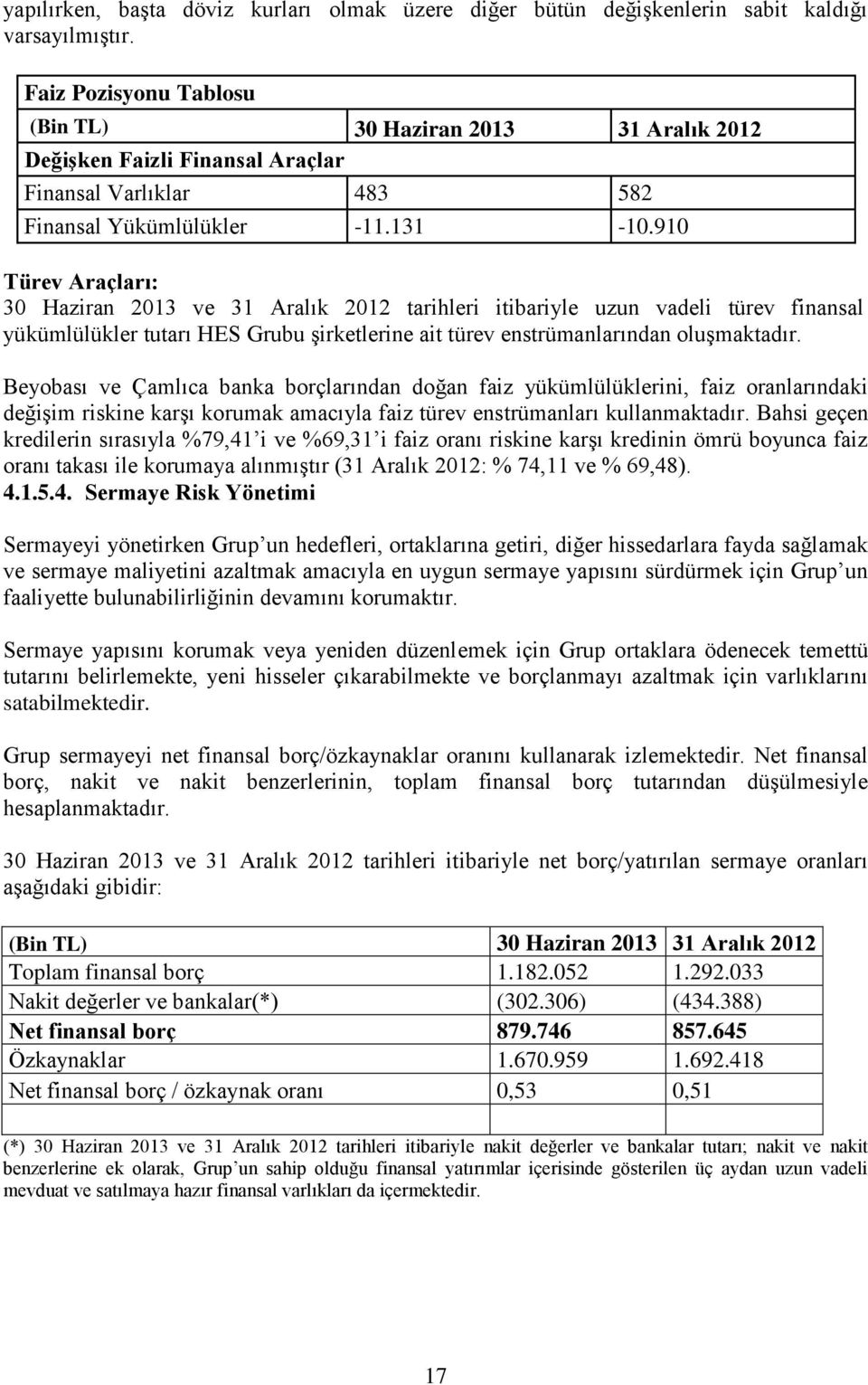 910 Türev Araçları: 30 Haziran 2013 ve 31 Aralık 2012 tarihleri itibariyle uzun vadeli türev finansal yükümlülükler tutarı HES Grubu şirketlerine ait türev enstrümanlarından oluşmaktadır.