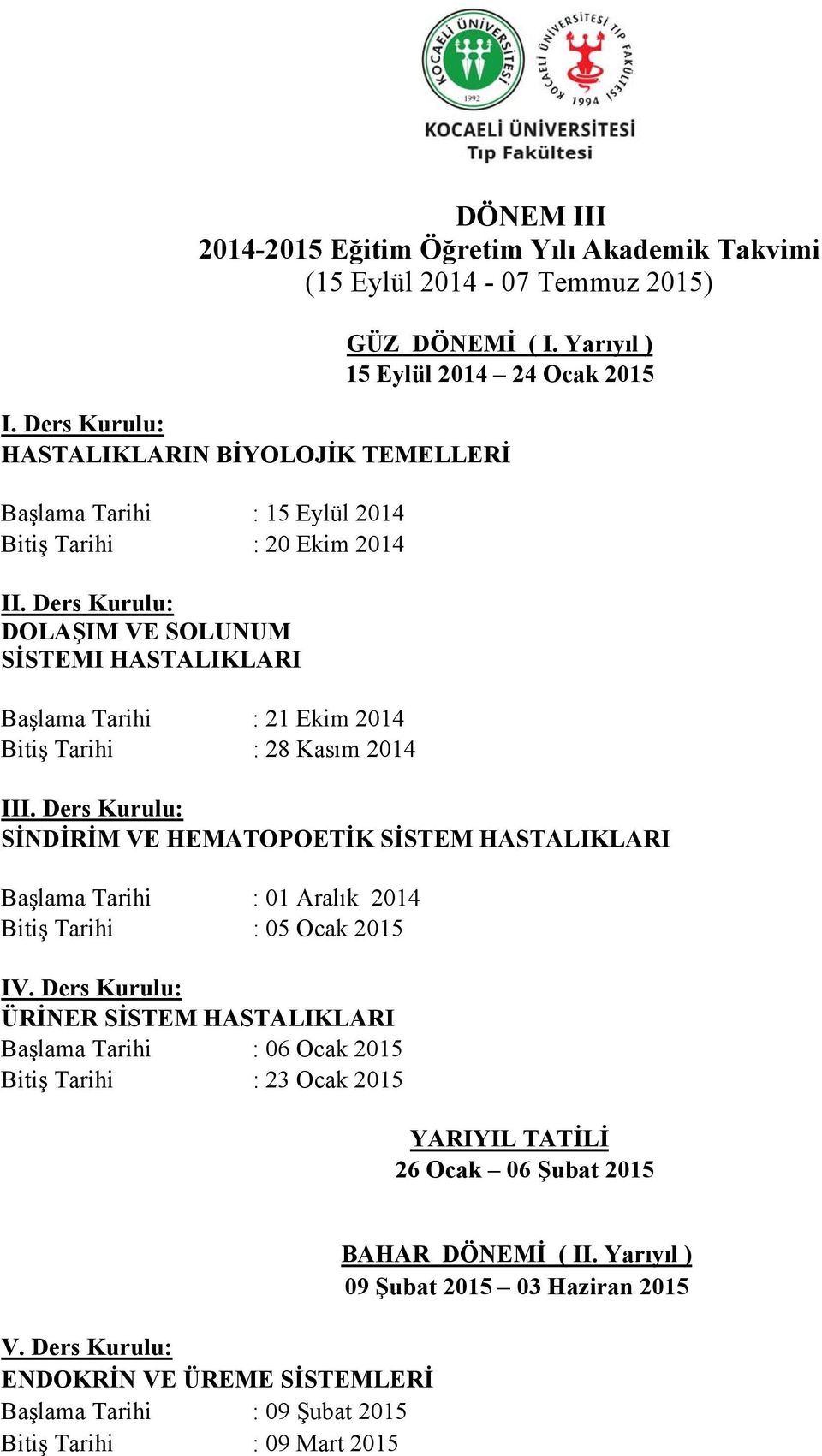 Ders Kurulu: DOLAŞIM VE SOLUNUM SİSTEMI HASTALIKLARI Başlama Tarihi : 21 Ekim 2014 Bitiş Tarihi : 28 Kasım 2014 III.