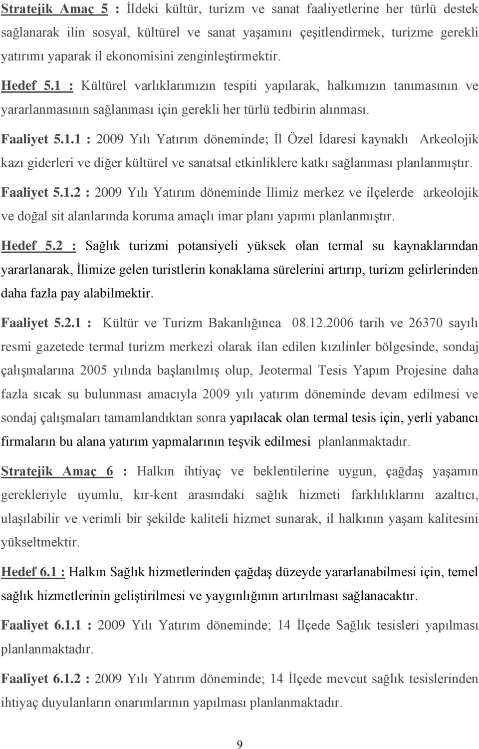 Faaliyet 5.1.2 : 2009 Yılı Yatırım döneminde İlimiz merkez ve ilçelerde arkeolojik ve doğal sit alanlarında koruma amaçlı imar planı yapımı planlanmıştır. Hedef 5.