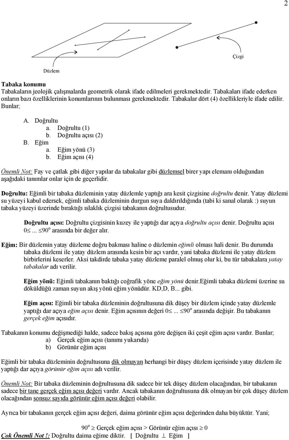 Eğim yönü (3) b. Eğim açısı (4) Önemli Not: Fay ve çatlak gibi diğer yapılar da tabakalar gibi düzlemsel birer yapı elemanı olduğundan aşağıdaki tanımlar onlar için de geçerlidir.