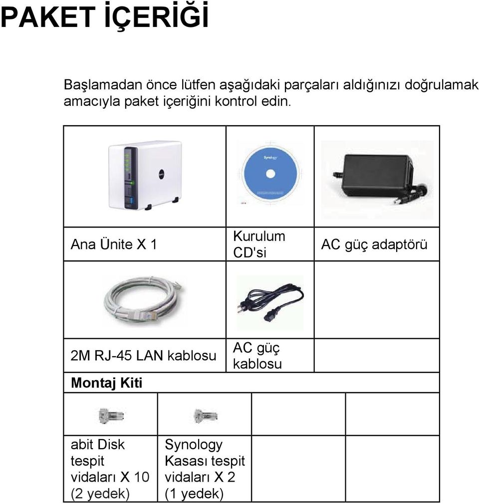 Ana Ünite X 1 Kurulum CD'si AC güç adaptörü 2M RJ-45 LAN kablosu Montaj