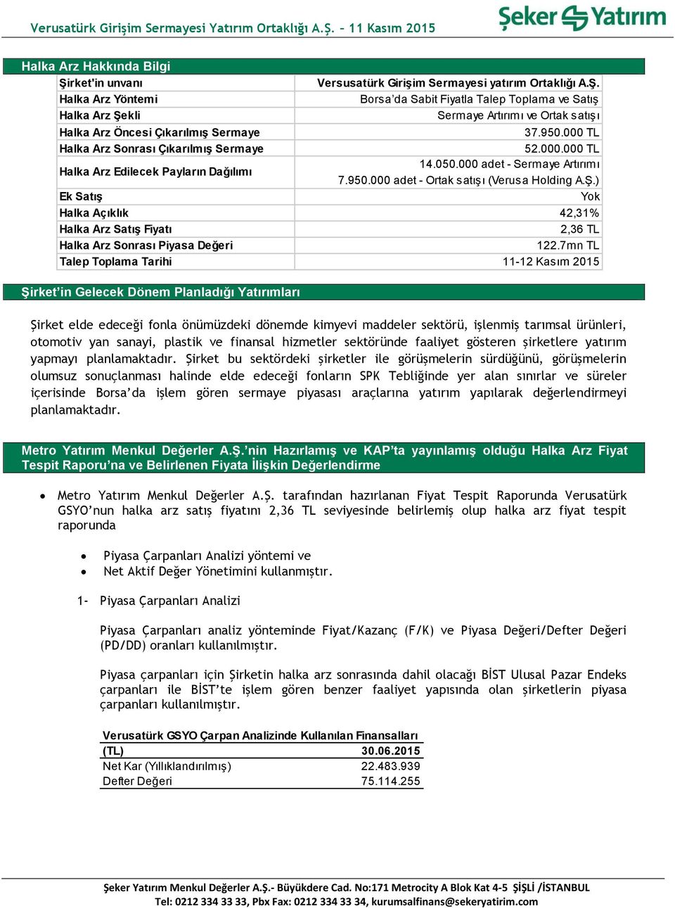 050.000 adet - Sermaye Artırımı 7.950.000 adet - Ortak satışı (Verusa Holding A.Ş.) Yok Halka Açıklık 42,31% Halka Arz Satış Fiyatı 2,36 TL Halka Arz Sonrası 122.