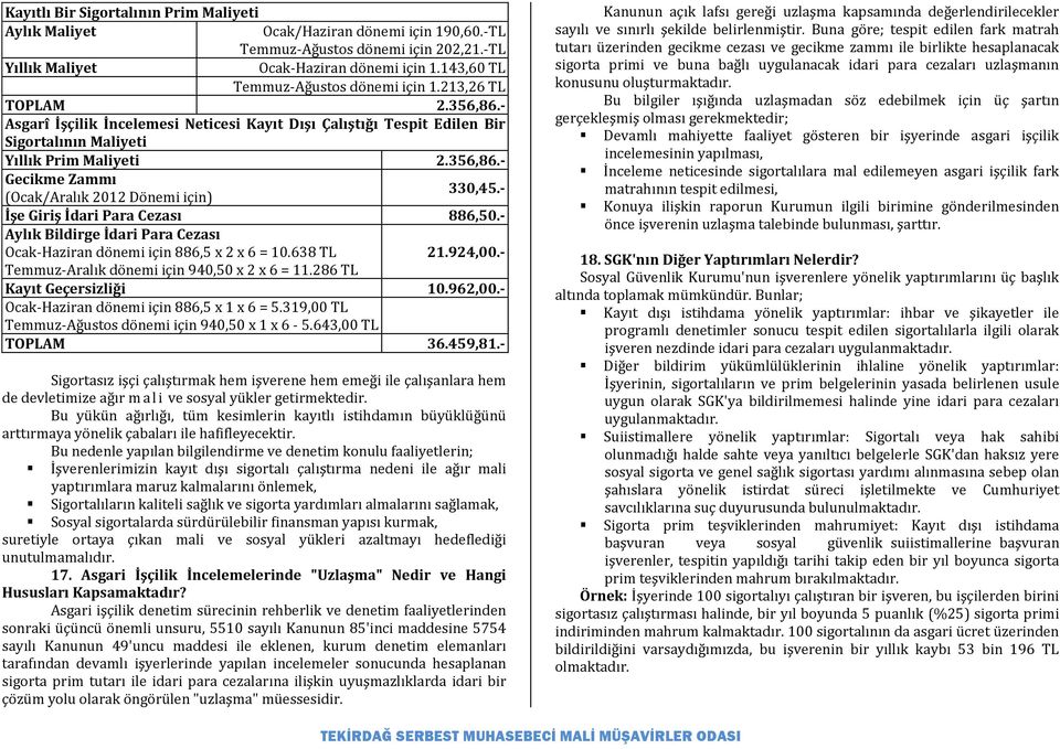 - (Ocak/Aralık 2012 Dönemi için) İşe Giriş İdari Para Cezası 886,50.- Aylık Bildirge İdari Para Cezası Ocak-Haziran dönemi için 886,5 x 2 x 6 = 10.638 TL 21.924,00.