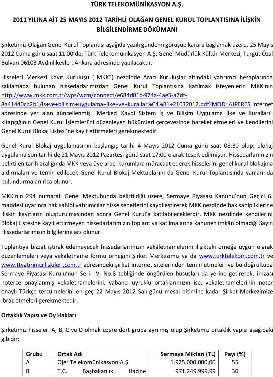 Mayıs 2012 Cuma günü saat 11.00 de, Türk Telekomünikasyon A.Ş. Genel Müdürlük Kültür Merkezi, Turgut Özal Bulvarı 06103 Aydınlıkevler, Ankara adresinde yapılacaktır.