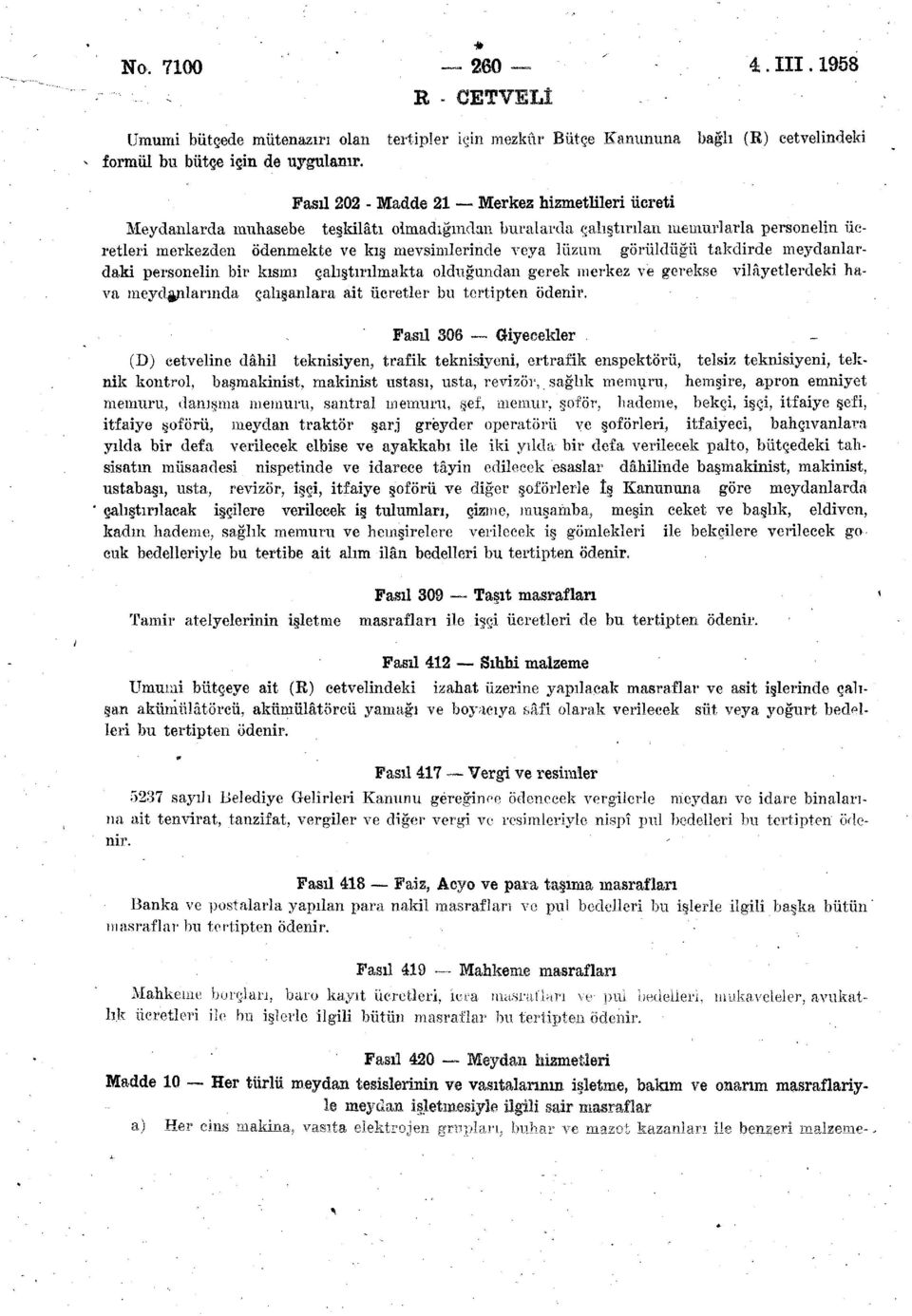 meydanlardaki personelin bir kısmı çalıştırılmakta olduğundan gerek merkez ve gerekse vilâyetlerdeki hava meydanlarında çalışanlara ait ücretler bu tertipten ödenir Fasıl 306 Giyecekler (D) cetveline