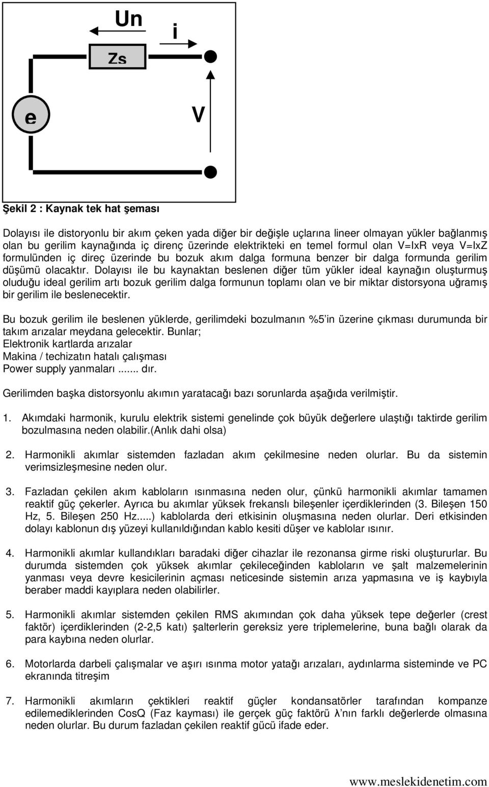 Dolayısı ile bu kaynaktan beslenen diğer tüm yükler ideal kaynağın oluşturmuş oluduğu ideal gerilim artı bozuk gerilim dalga formunun toplamı olan ve bir miktar distorsyona uğramış bir gerilim ile