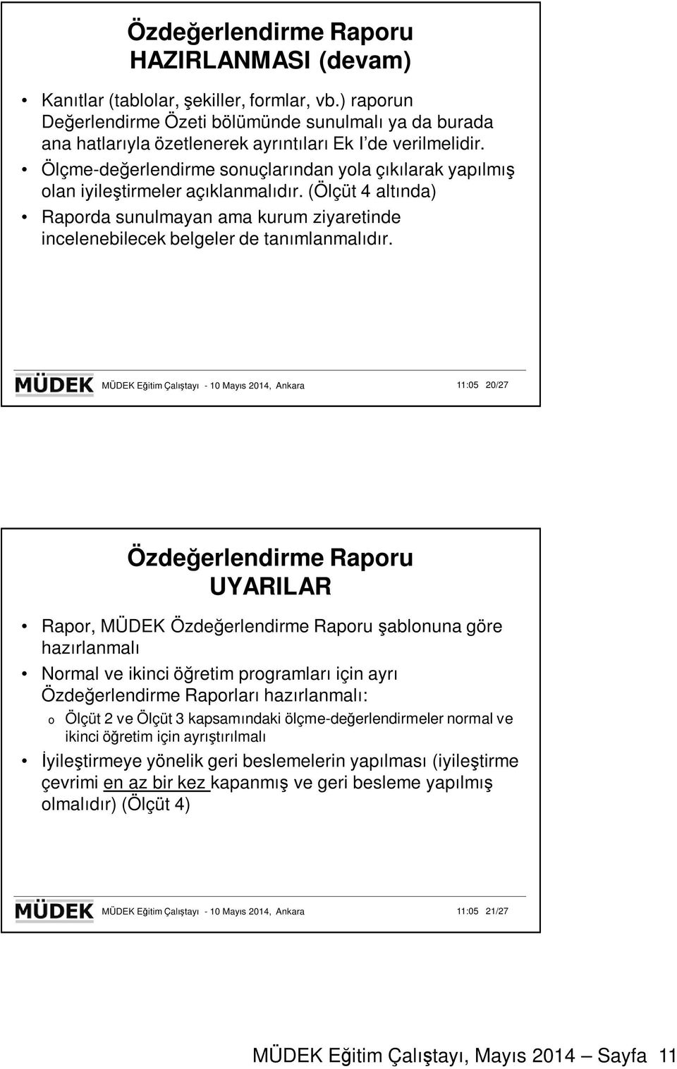 MÜDEK Eğitim Çalıştayı - 10 Mayıs 2014, Ankara 11:05 20/27 UYARILAR Rapor, MÜDEK şablonuna göre hazırlanmalı Normal ve ikinci öğretim programları için ayrı Özdeğerlendirme Raporları hazırlanmalı: o