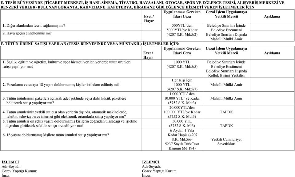 TÜTÜN ÜRÜNÜ SATIŞI YAPILAN (TESİS BÜNYESİNDE VEYA MÜSTAKİL) İŞLETMELER İÇİN: 1. Sağlık, eğitim ve öğretim, kültür ve spor hizmeti verilen yerlerde tütün ürünleri satışı yapılıyor mu? 2.