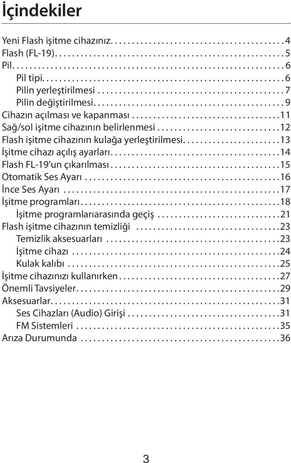 ..................................11 Sağ/sol işitme cihazının belirlenmesi.............................12 Flash işitme cihazının kulağa yerleştirilmesi.......................13 İşitme cihazı açılış ayarları.