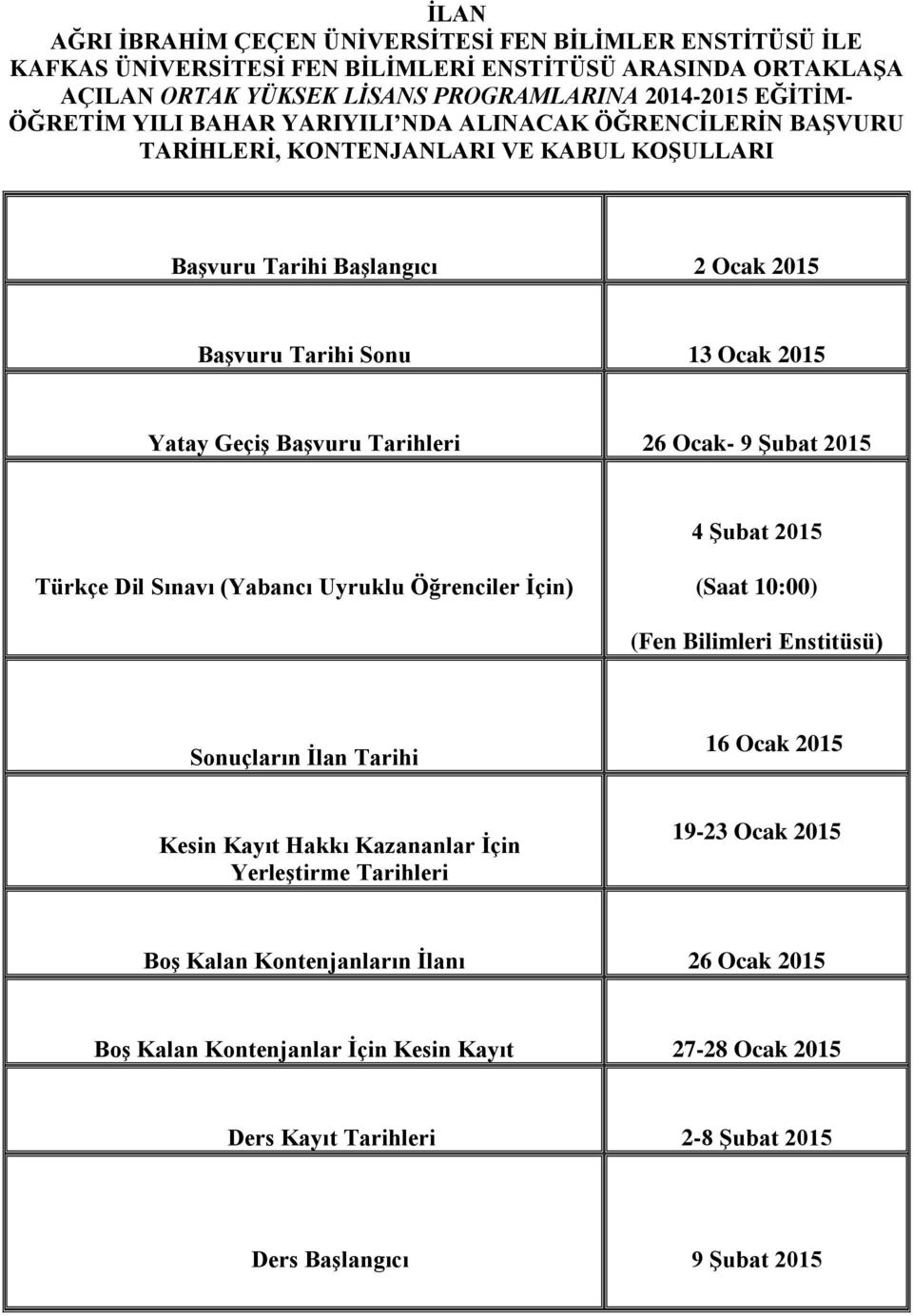 Tarihleri 26 Ocak- 9 Şubat 2015 4 Şubat 2015 Türkçe Dil Sınavı (Yabancı Uyruklu Öğrenciler İçin) (Saat 10:00) (Fen Bilimleri Enstitüsü) Sonuçların İlan Tarihi 16 Ocak 2015 Kesin Kayıt Hakkı