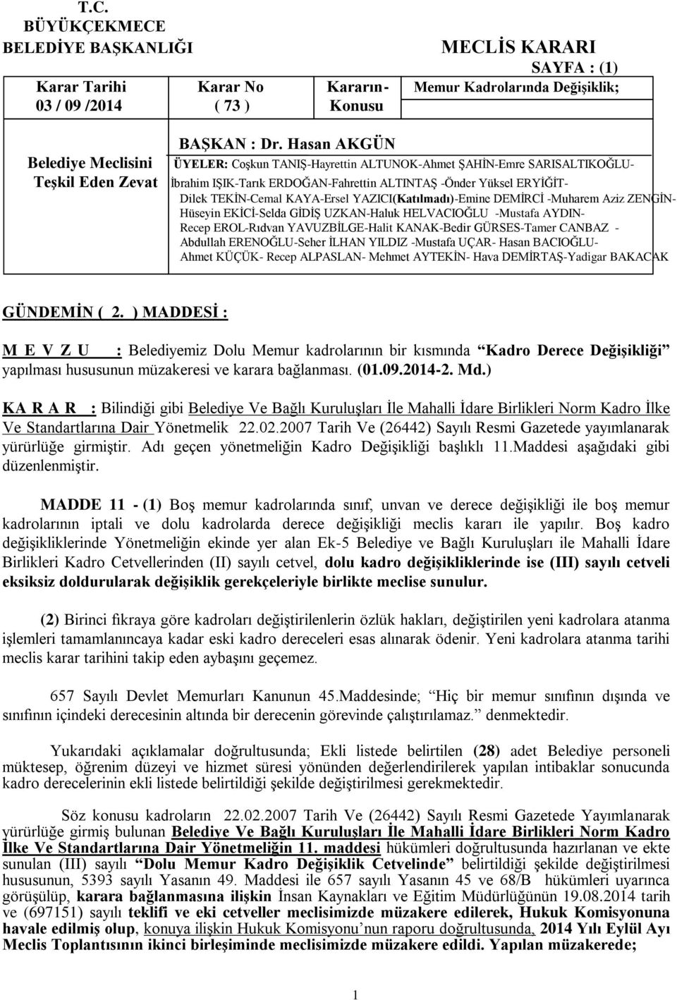 ) KA R A R : Bilindiği gibi Belediye Ve Bağlı KuruluĢları Ġle Mahalli Ġdare Birlikleri Norm Kadro Ġlke Ve Standartlarına Dair Yönetmelik 22.02.