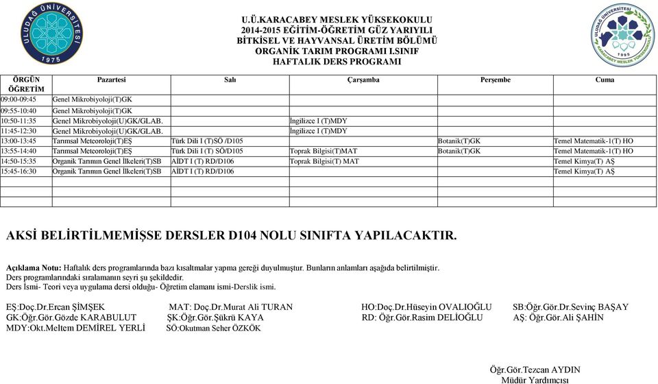 İngilizce I (T)MDY 13:00-13:45 Tarımsal Meteoroloji(T)EŞ Türk Dili I (T)SÖ /D105 Botanik(T)GK Temel Matematik-1(T) HO 13:55-14:40 Tarımsal Meteoroloji(T)EŞ Türk Dili I (T) SÖ/D105 Toprak