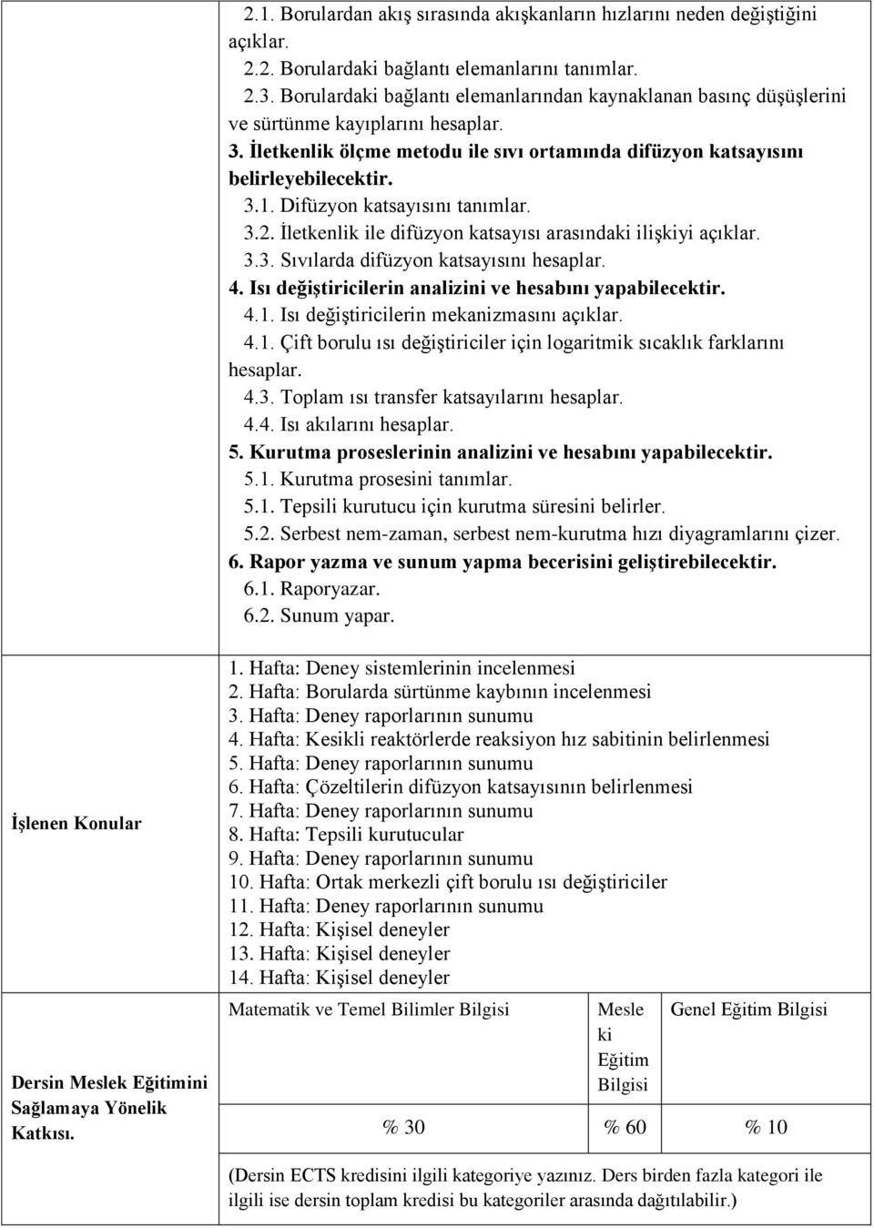 .. Sıvılarda difüzyon katsayısını hesaplar. 4. Isı değiştiricilerin analizini ve hesabını yapabilecektir. 4.1. Isı değiştiricilerin mekanizmasını açıklar. 4.1. Çift borulu ısı değiştiriciler için logaritmik sıcaklık farklarını hesaplar.