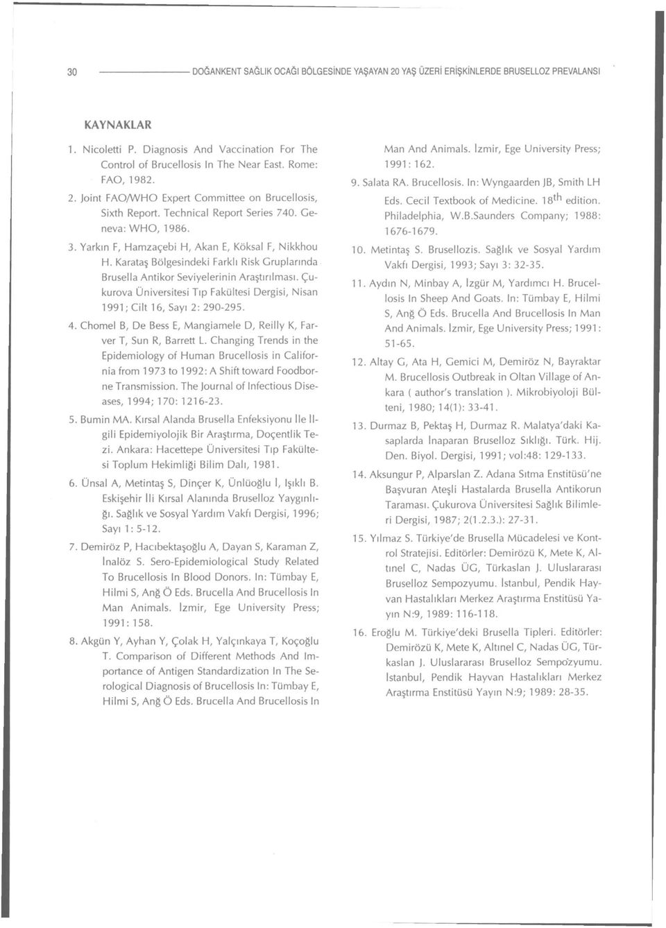 Karataş Bölgesindeki Farklı Risk Gruplarında Brusella Antikor Seviyelerinin Araştırılması. Çukurova Üniversitesi Tıp Fakültesi Dergisi, Nisan 1991; Cilt 16, Sayı 2: 290-295. 4.