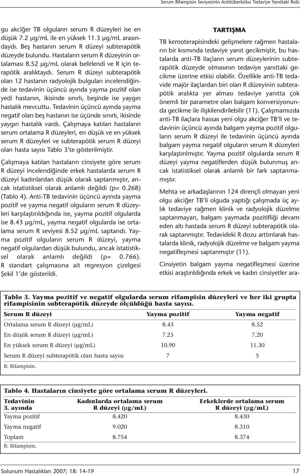 Serum R düzeyi subterapötik olan 12 hastanın radyolojik bulguları incelendiğinde ise tedavinin üçüncü ayında yayma pozitif olan yedi hastanın, ikisinde sınırlı, beşinde ise yaygın hastalık mevcuttu.