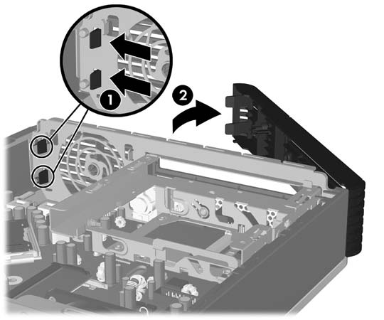 Çerçeve kapağı içinde, bilgisayarın sağ tarafındaki iki sabitleme tırnağına bastırın (1) ve ön çerçeve